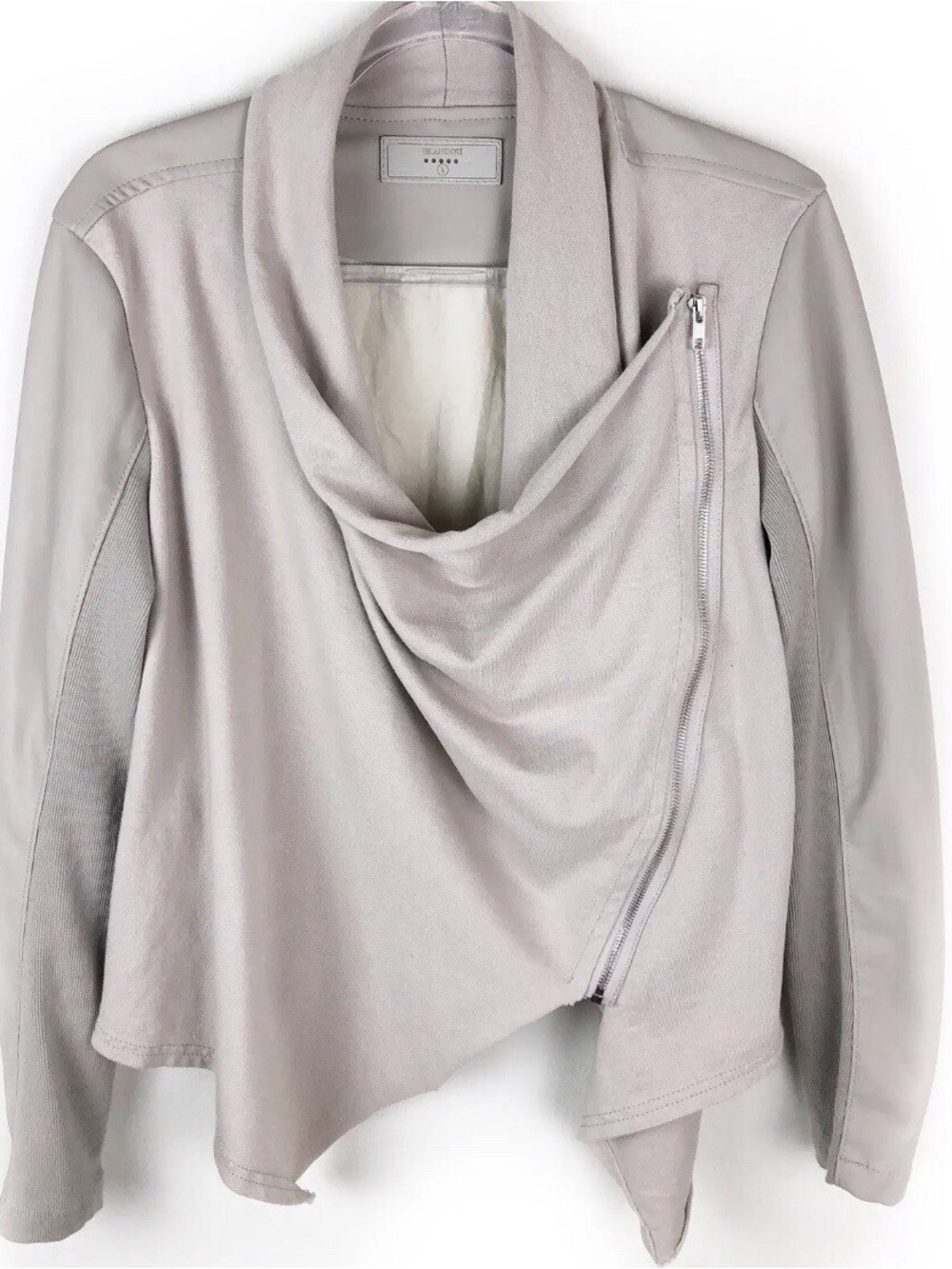 BLANKNYC Asymmetrical Draped Moto Jacket Vegan Leather - Light Grey | Medium